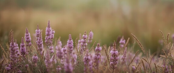Obraz premium Purple flowers in focus in a field of Calluna vulgaris (heather, ling, or heath), a species in the genus Calluna of the Ericaceae family, with a floral nature backdrop