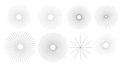 Radial circle line sunburst and star rays flat vector design set isolated on transparent background