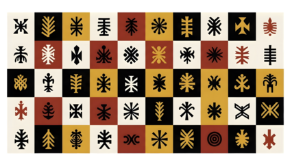 Colorful african inspired square pattern with various shapes and designs on transparent background