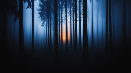 A forest at night with a bright orange glow in the center.