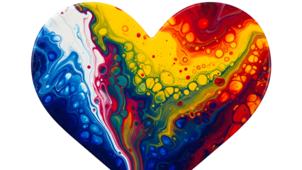 Vibrant heart shaped colorful liquid art on transparent background with swirling patterns and bubbles