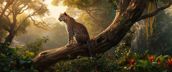 Obraz premium Leopard in Africa resting on a tree and observing the jungle