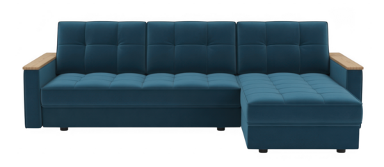 Blue sectional sofa blue sofa tufted wooden armrests isolated on a transparent background
