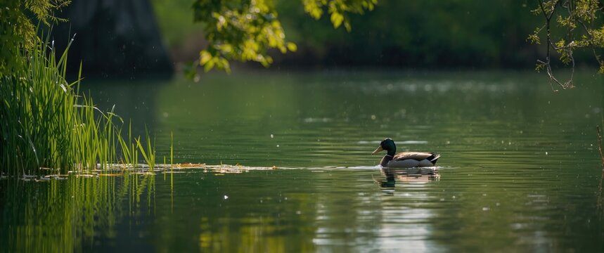 Mallard duck swimming in a lake encircled by grass and aquatic plants