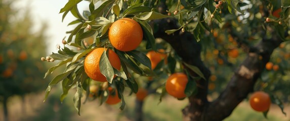 Healthy organic oranges and tangerines ripening on a tree in the orchard