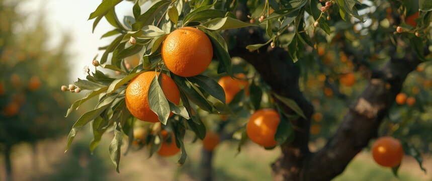 Healthy organic oranges and tangerines ripening on a tree in the orchard