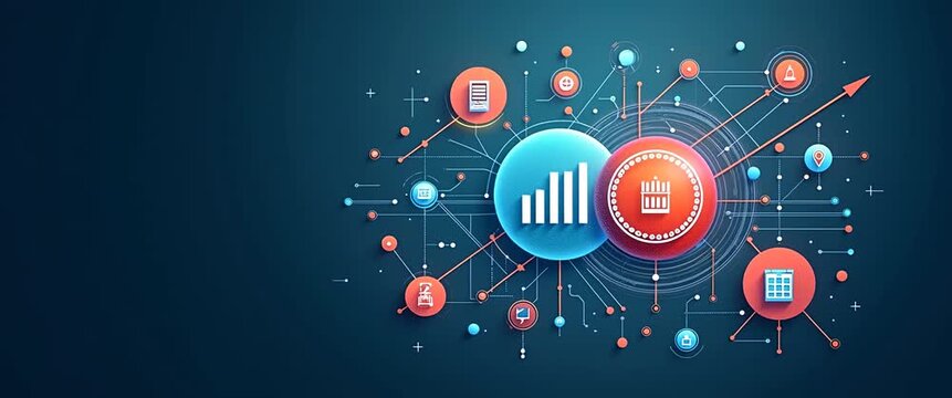 Dynamic infographic elements float and connect in a futuristic digital network, as the camera slowly pans across the scene, creating a cinematic exploration of data visualization technology.