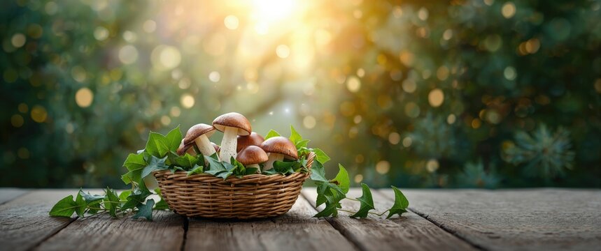 Basket arrangement of auricularia mushrooms and ivy, set against a natural seasonal outdoor scene