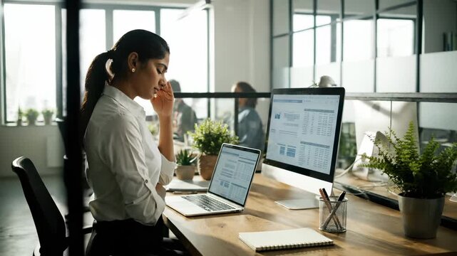 Woman analyzes data on laptop and monitor in office. Businesswoman works with computer showing charts at desk. Woman reviews data on multiple screens. Professional woman analyzing office data.