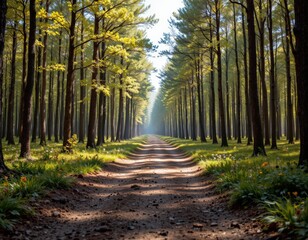 Fototapeta premium Serene Forest Path: A Pathway to Mindfulness and Wellness through a Calm and Beautiful Landscape.