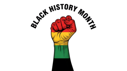 Vibrant black history month celebration graphic with raised fist symbol isolated on transparent background