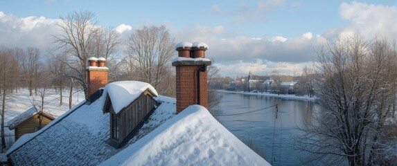 Two quaint chimneys blanketed in snow sit atop a warm roof, with a flowing river in the background on a chilly winter day