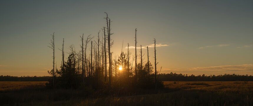 Loblolly pines in death at Chincoteague National Wildlife Refuge during late afternoon sunlight due to pine beetle damage