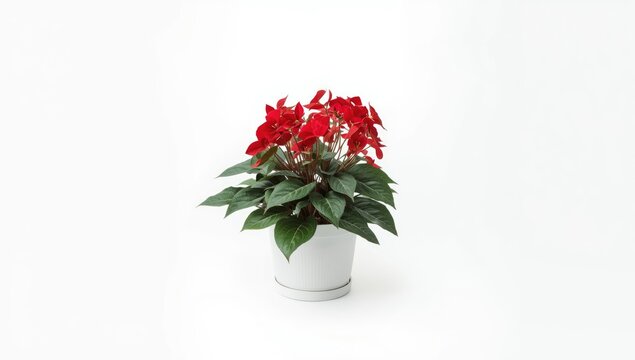 Potted red begonia flower on a white background, suitable for floral arrangement displays