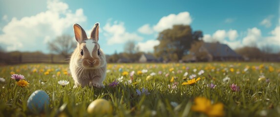Tiny rabbit dashing through the grass field