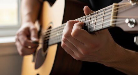 Fototapeta premium Strumming melodies guitar playing at home close-up human hands cozy indoor setting for music enthusiasts