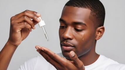 African american man applying facial serum with a pipette. Male beauty and self care routine for healthy skin. Modern grooming treatment. Gray background.