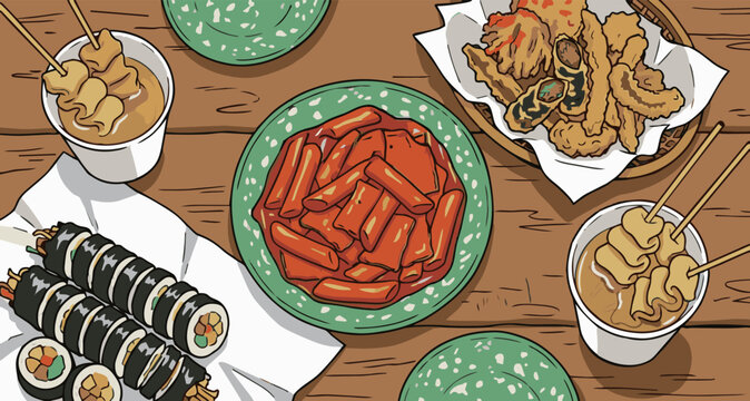 Korean street food top view vector illustration. Bunsik set with spicy rice cake Tteokbokki, Gimbap rolls, fried Tempura, and fish cake skewers on wooden table.