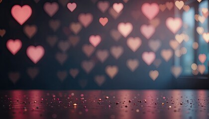 Romantic heart decorations shining brightly on dark background with bokeh lights