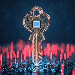 Digital key stands out with glowing effects in a futuristic cyber environment