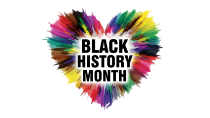 Vibrant heart shaped logo with black history month text on transparent background