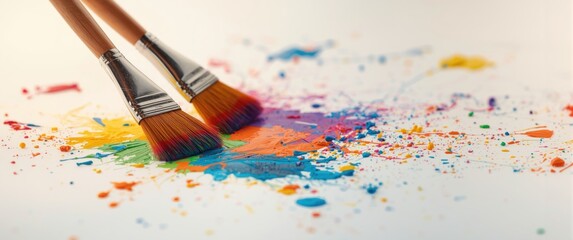 Pair of paintbrushes working on a rainbow splattered art project with chaotic strokes on a white background
