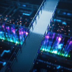 Bright lights and pathways in a modern digital landscape at night