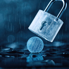 Digital security concept with padlock and data sphere in dark setting under rain