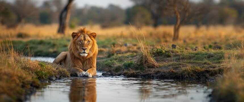 In Africa's vast park, the stunning natural landscape highlights a majestic orange lion with mesmerizing yellow eyes, a true predator of the wild.