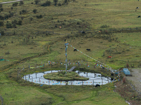 Aerial view of a serene pond surrounded by lush greenery and prayer flags, a peaceful oasis in the valley, Phobjikha Valley, Wangdue Phodrang, Bhutan.