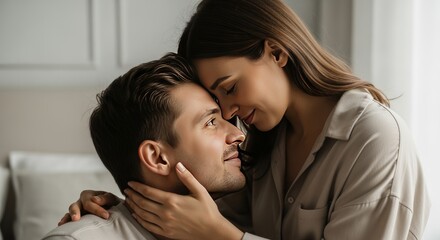 Fototapeta premium Tender couple portrait captured in softly lit bedroom intimate moments lifestyle cozy environment close-up perspective
