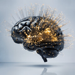 Creative representation of a brain with bright lights and sparks emerging from it in a studio setting