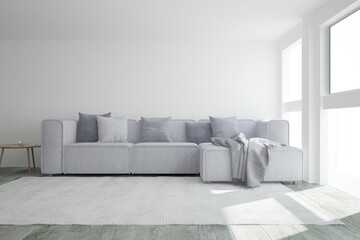 modern room with sofa with pillows and plaid, carpet on the floor and table with books interior design. 3D illustration