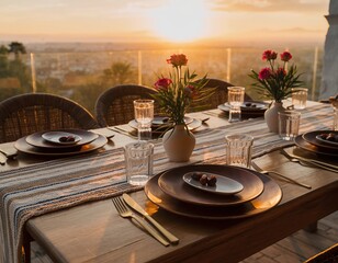 Fototapeta premium Elegant Sunset Dinner Table Setting with Scenic View.