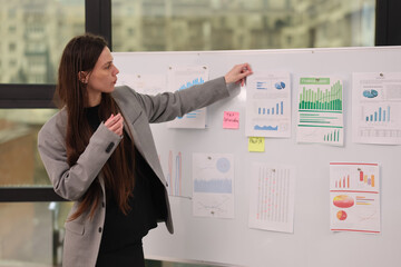 Focused on delivering key findings, a woman stands beside a whiteboard filled with charts and graphs. She gestures to the visuals, explaining important statistics to her colleagues.