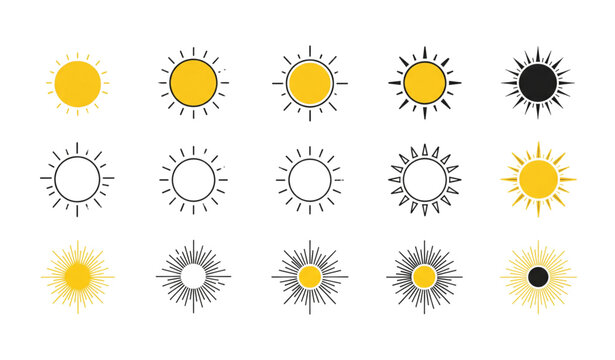 Modern sun icon pack yellow and black flat vector set isolated on transparent background