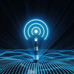 Lighthouse standing in ocean waves with light signals and digital patterns in background at night time