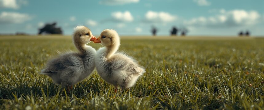 Funny and beautiful image of a pair of young goose chicks in love, set against a green grass background, isolated, cute animals, bird, humorous