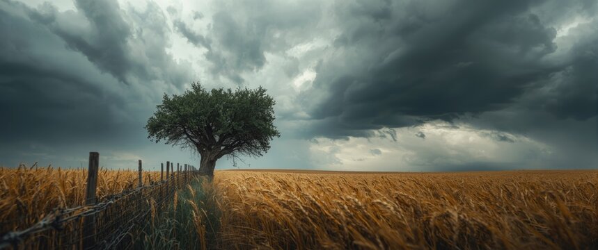 Stormy day with a tree windbreak adjacent to a wheat field
