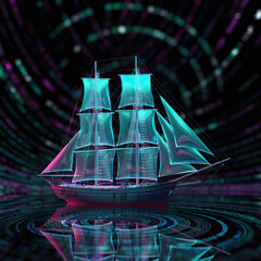 Colorful ship sailing through a digital pattern in a dark background with glowing lines