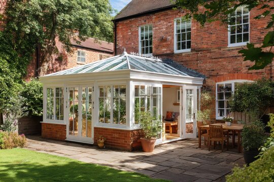 Home extension featuring a glass roof conservatory and calm garden view