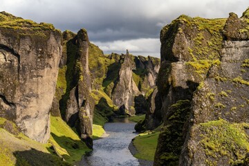 landscape view of the Fjadrar River and the entrance of the Fjadrargljufur Canyon