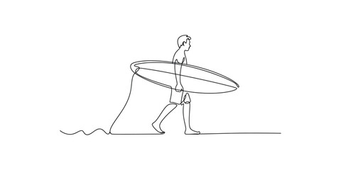 Single line drawing illustrating a surfer carrying a board and walking along the coast.