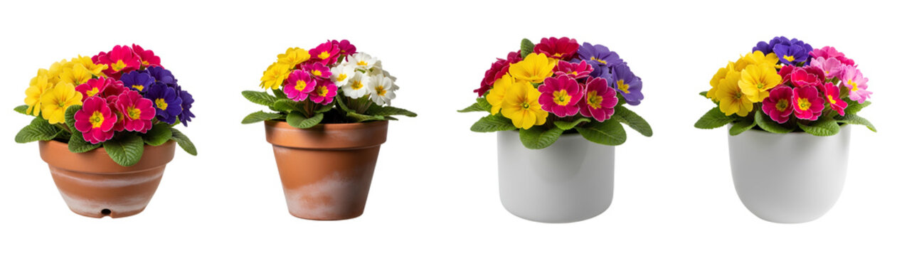 Colorful potted primrose flowers set PNG. Collection of spring primula plants in white and terracotta pots isolated. Yellow pink purple and red primroses PNG. Primrose flower for gardening isolated
