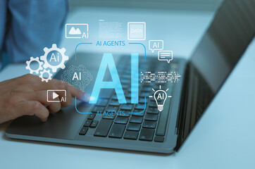 AI agents and artificial intelligence automation concept with hand using laptop digital AI icons. smart technology machine learning, data media processing business innovation future workflow
