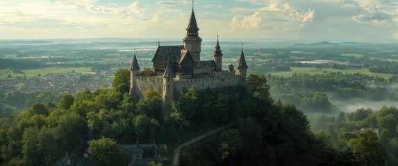 Spectacular scene of a historical wooden stronghold in Russian style on a hill, surrounded by a city and forest