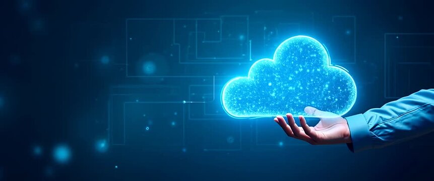 Hand supports a glowing digital cloud in a futuristic, cinematic scene; gentle sparkles drift around as the camera slowly pans, highlighting innovation, technology, and cloud computing.