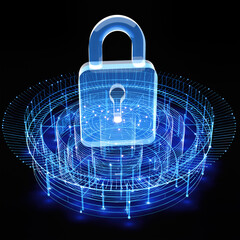Digital lock with security features displayed in a futuristic design and illuminated by blue lights on a dark background