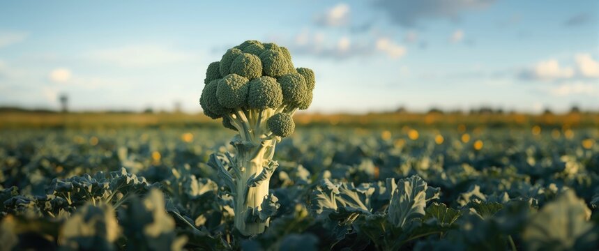 Harvest-ready broccoli plant growing in the field