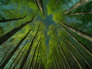 Tall trees with vibrant green leaves viewed from a low angle, creating a sense of depth and perspective in a serene forest atmosphere with slender trunks and lush foliage.